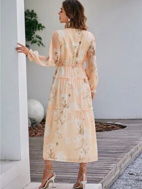 Simple Peach Floral Long Sleeve Tiered Midi Dress